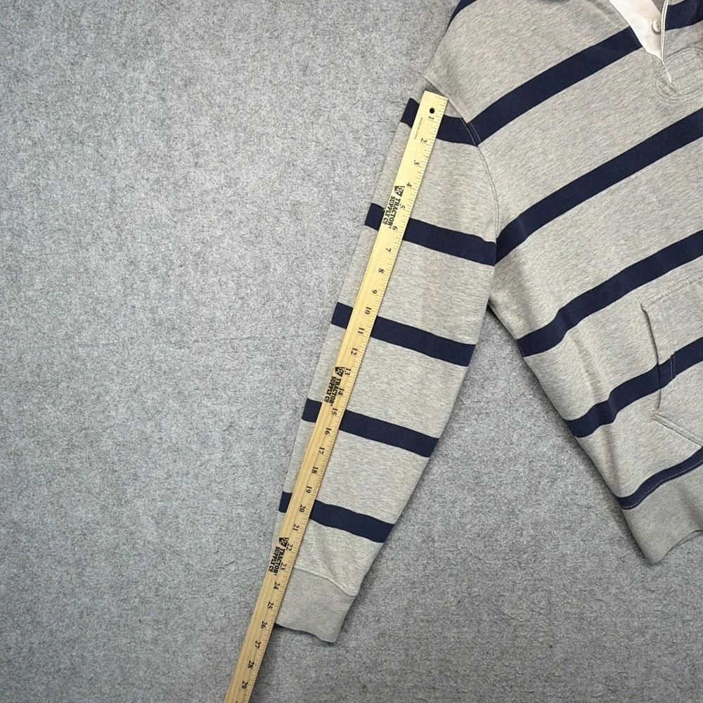 Polo Ralph Lauren Gray Blue Striped Rugby Hoodie Polo Shirt Long Sleeve Men XL